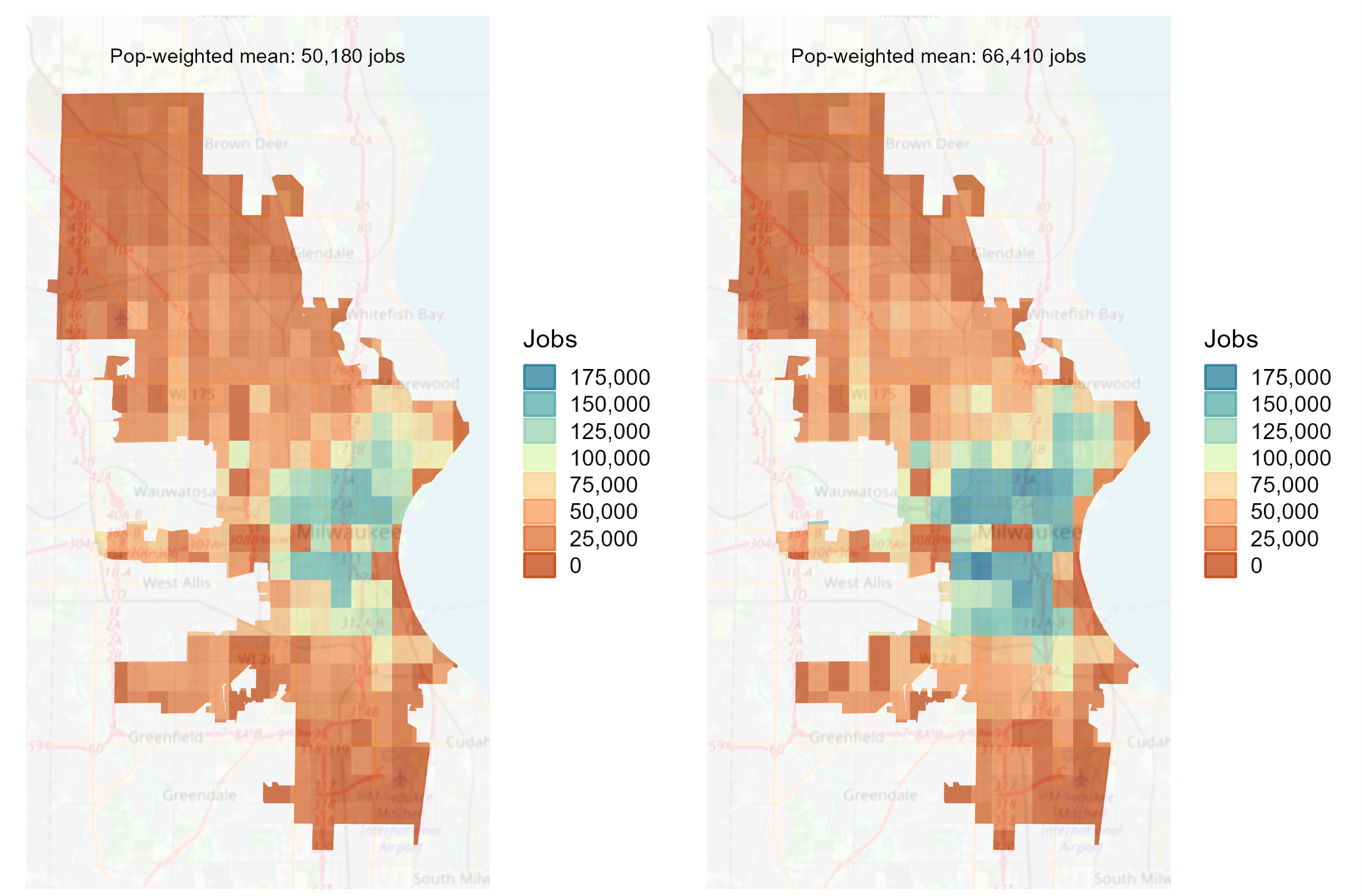 Number of jobs accessible by transit within 30 minutes in 2019 (left) and 2023 (right). Source: NREL’s MEP tool.